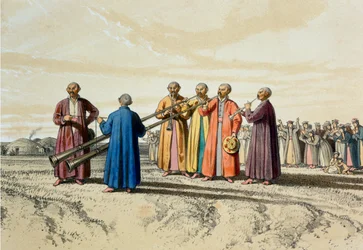 Abendgebet bei den Kalmücken, mit extra langen Trompeten, Illustration aus 